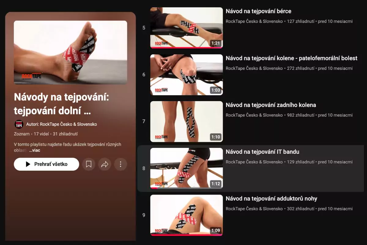 Ukázka playlistu instruktážních videí RockTape Česko & Slovensko na téma tejpování dolních končetin. Videa obsahují praktické návody na tejpování kolene, bérce, zadní strany stehna, IT bandu i adduktorů nohy. Ideální pomocník pro cyklisty a sportovce, kteří si chtějí tejpování vyzkoušet sami doma.