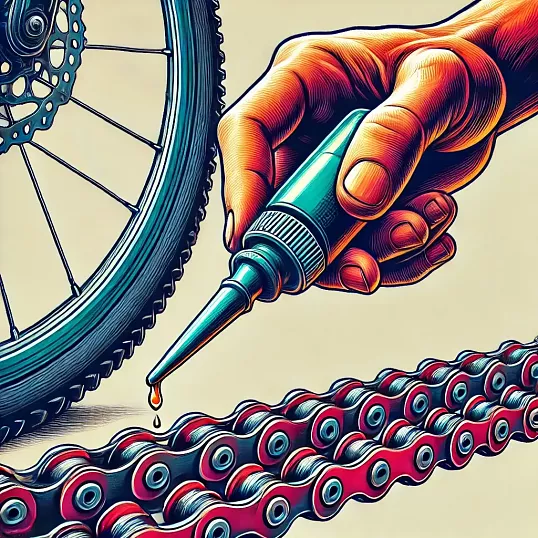 Jak mazat řetěz kola? Jaké mazivo použít? Cyklista aplikuje mazivo na řetěz pomocí olejové lahvičky v dílně.