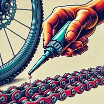 Jak mazat řetěz kola? Jaké mazivo použít? Cyklista aplikuje mazivo na řetěz pomocí olejové lahvičky v dílně.