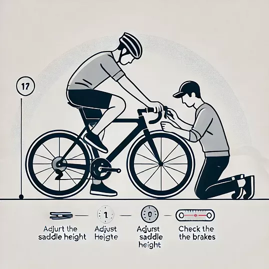 Jak začít s cyklistikou? Co potřebuji pro první jízdu? Ilustrace začínajícího cyklisty kontrolujícího kolo, nastavujícího helmu a připravujícího se na vyjížďku.